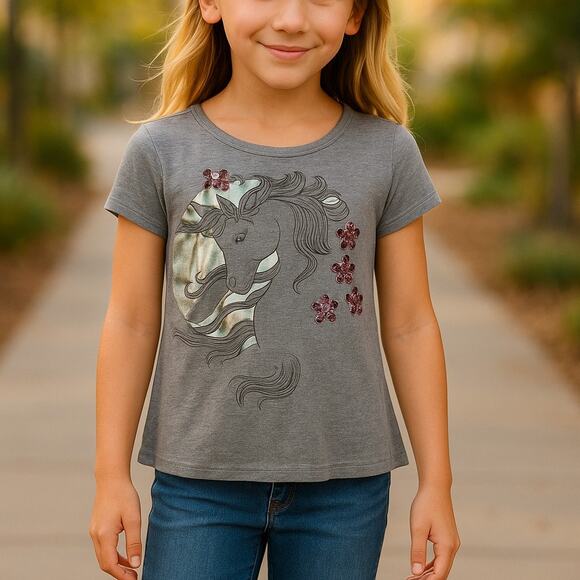 Crazy 8 Girls Tee TShirt‎ Top T Shirt Size S 5 6 Gray Unicorn Pink Sequins - Picture 3 of 8